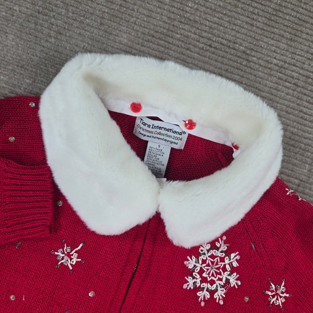 Tiara International Womens S Red Faux Fur Collar Polar Bear Christmas Cardigan